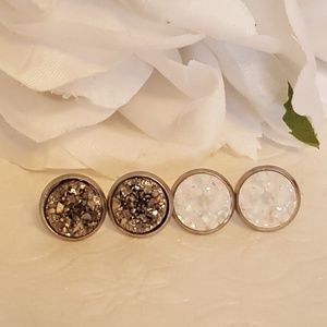 10 mm Metallic Gray and White Druzy Stud Earrings
